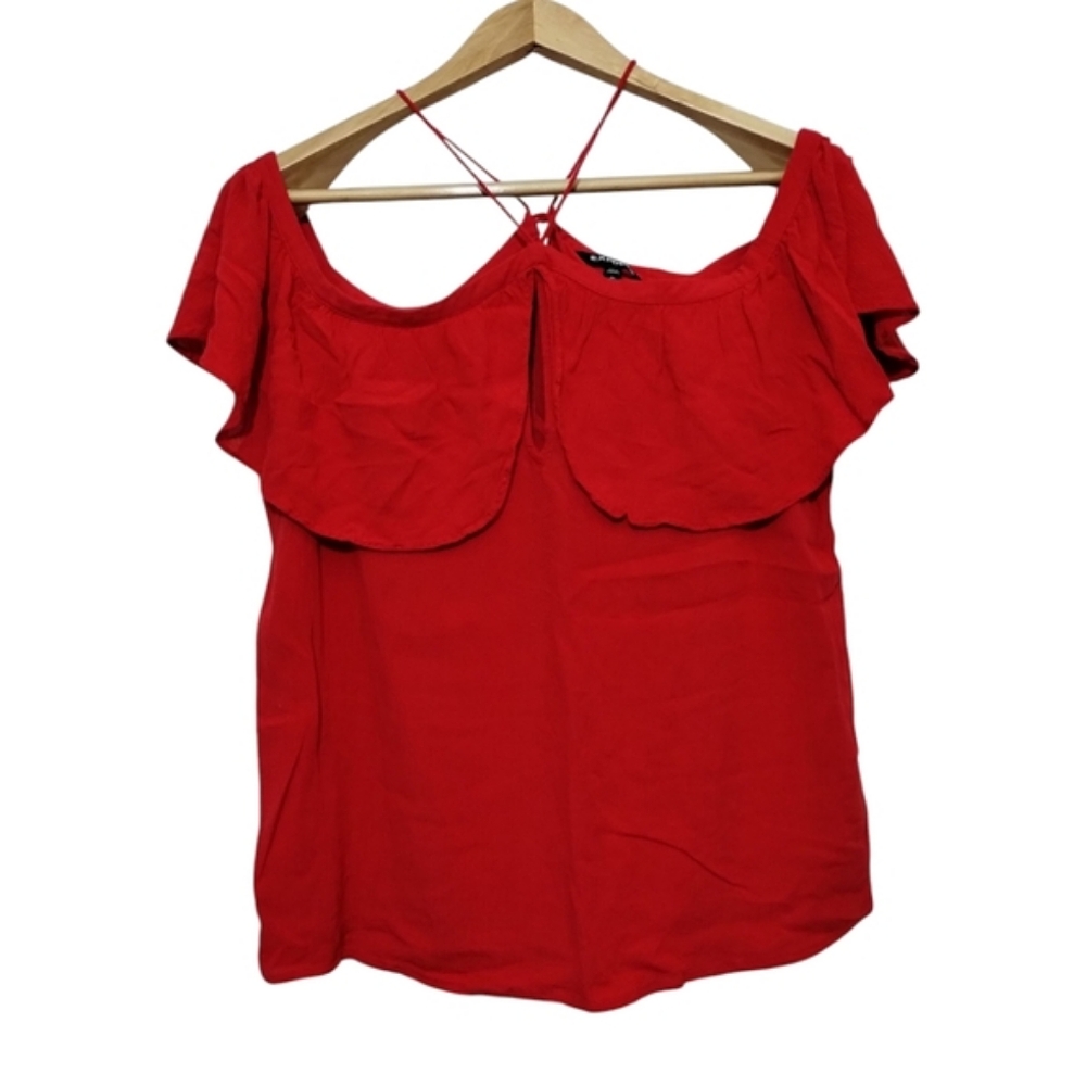 Express Women's L Blouse Solid Red Off Shoulder Keyhole Strappy Neck Ruffled